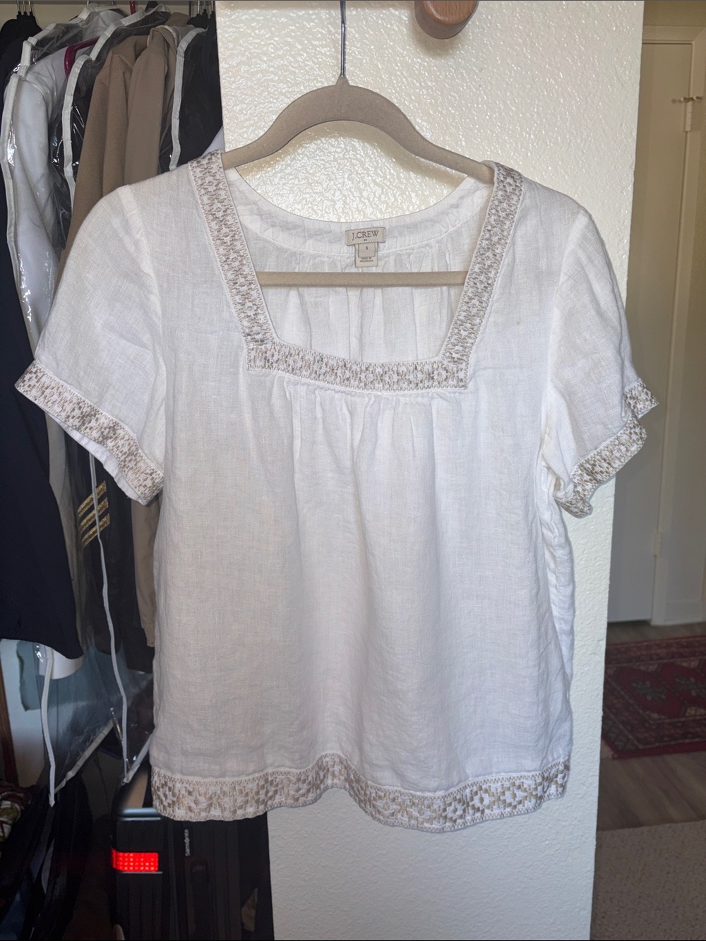 J. Crew White Linen Square-Neck Top with Beige Embroidery